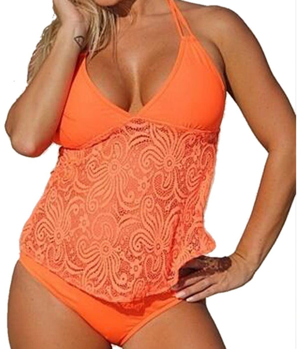 Color-Orange Pattern-Plus Size Ladies Mesh Pattern plus-Sized Split plus-Sized Bikini Tankini-Fancey Boutique