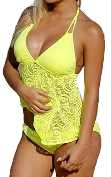 Color-Yellow Pattern-Plus Size Ladies Mesh Pattern plus-Sized Split plus-Sized Bikini Tankini-Fancey Boutique