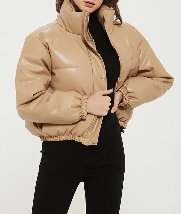 Color-Khaki-Autumn Winter Leather Coat Women Stand Collar Short Warm Bread Cotton Padded Jacket-Fancey Boutique
