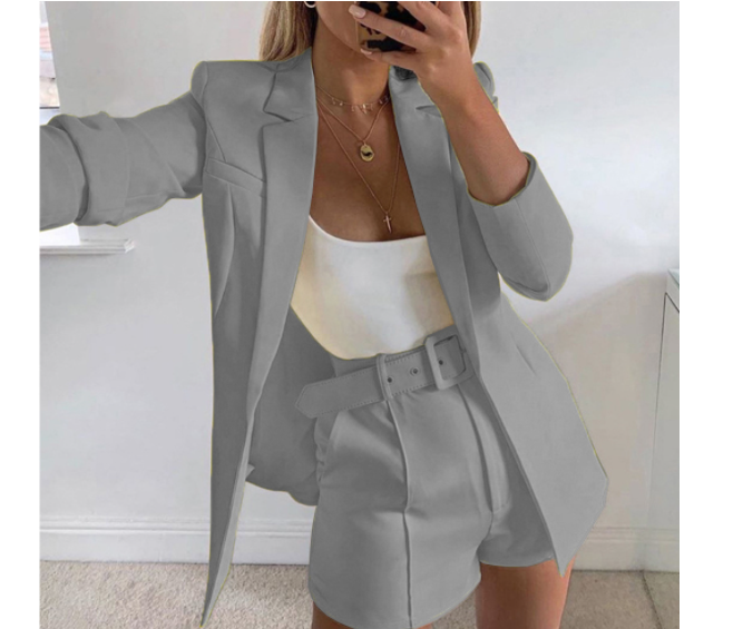 Color-Top Shorts Suit with belt Sexy Women Casual Polo Collar Cardigan-Fancey Boutique