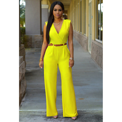 Color-Yellow-Women Clothing High Waist V neck Wide Leg Irregular Asymmetric One Piece Pant Belt Jumpsuit-Fancey Boutique