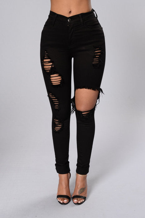 Color-Black-High Waist High Elastic Volume Product Ripped Pencil Tappered Jeans-Fancey Boutique