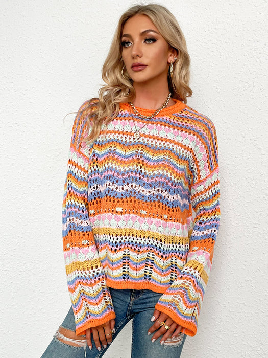 Color-Autumn Winter New Stitching Knitwear Loose Color Rainbow round Neck Striped Sweater for Women-Fancey Boutique