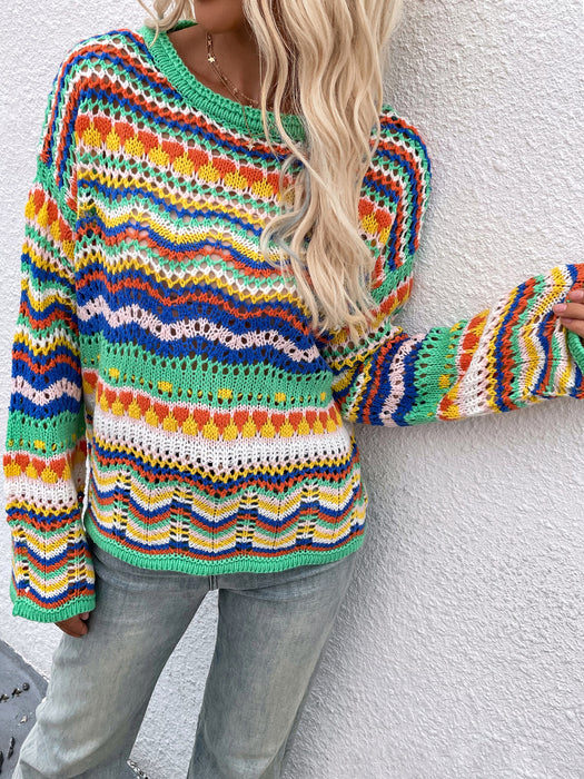 Color-Autumn Winter New Stitching Knitwear Loose Color Rainbow round Neck Striped Sweater for Women-Fancey Boutique