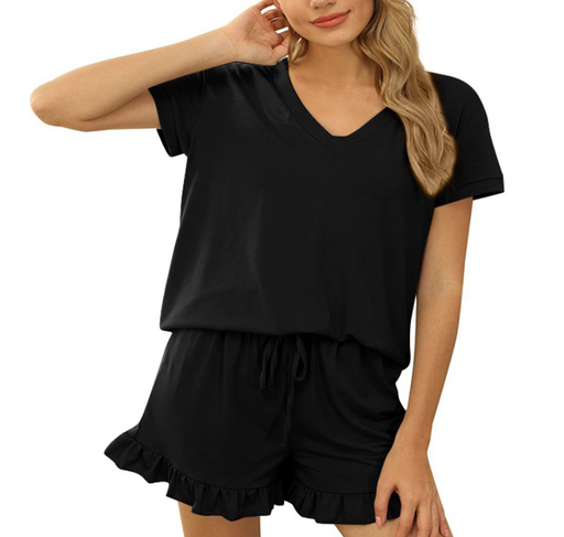 Color-Black-Spring Summer Women Clothing Women Short-sleeved V-neck Top Shorts Home Two-piece Suit Cozy-Fancey Boutique