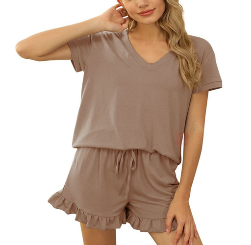 Color-Khaki-Spring Summer Women Clothing Women Short-sleeved V-neck Top Shorts Home Two-piece Suit Cozy-Fancey Boutique