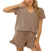 Color-Khaki-Spring Summer Women Clothing Women Short-sleeved V-neck Top Shorts Home Two-piece Suit Cozy-Fancey Boutique