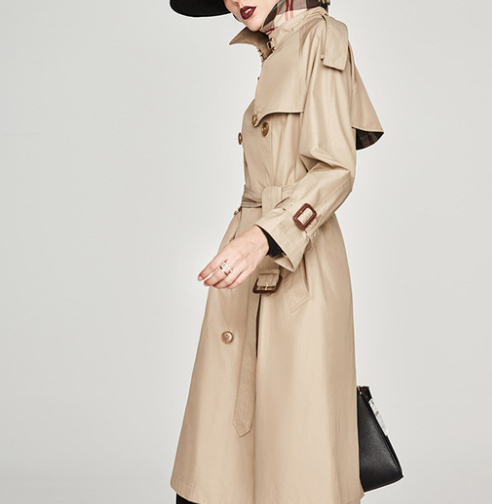 Color-Khaki-Spring Autumn Women Clothing Double-Breasted Extended Trench Coat Women Coat Chameleon Trench Coat Women Coat-Fancey Boutique