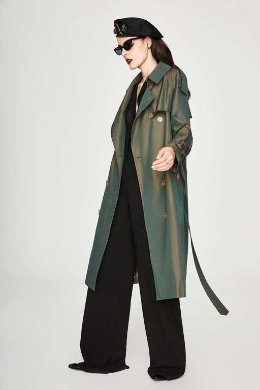 Color-Green-Spring Autumn Women Clothing Double-Breasted Extended Trench Coat Women Coat Chameleon Trench Coat Women Coat-Fancey Boutique