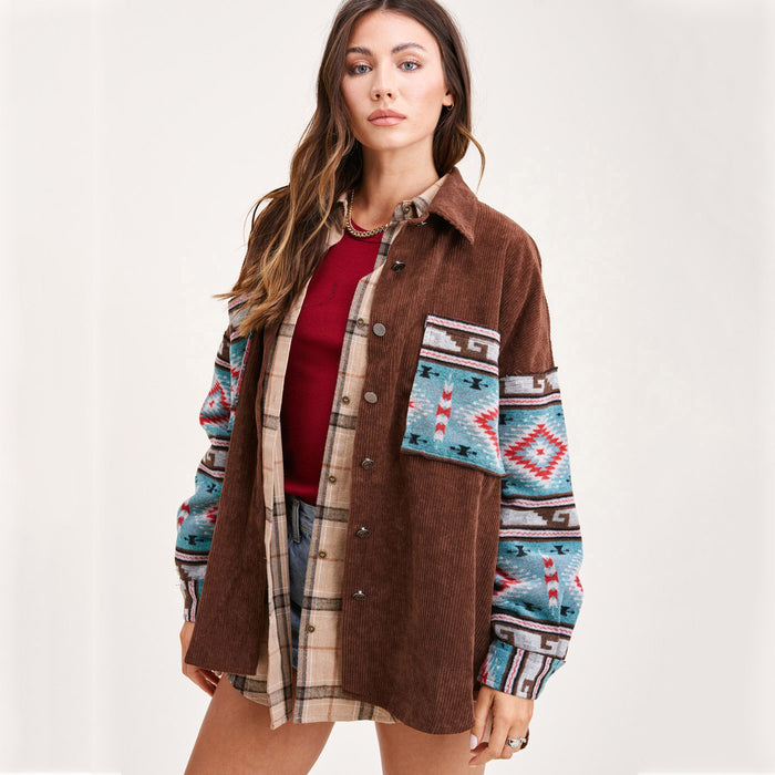 Color-Nostalgic Fried Floral Corduroy Aztec Stitching Printing Pocket Long Sleeve Coat Women Jacket-Fancey Boutique