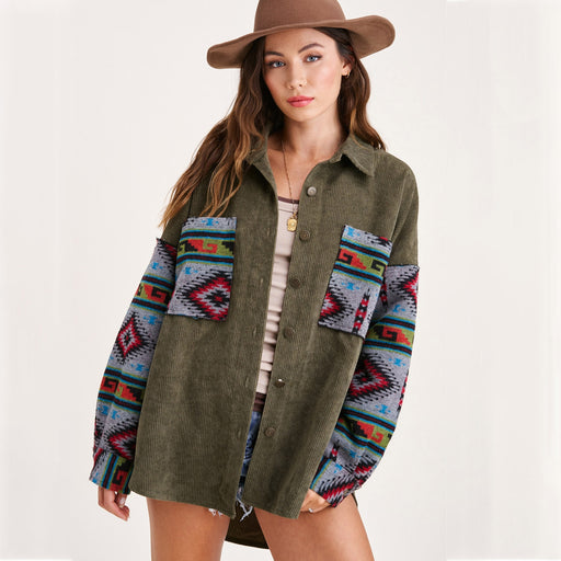 Color-Nostalgic Fried Floral Corduroy Aztec Stitching Printing Pocket Long Sleeve Coat Women Jacket-Fancey Boutique