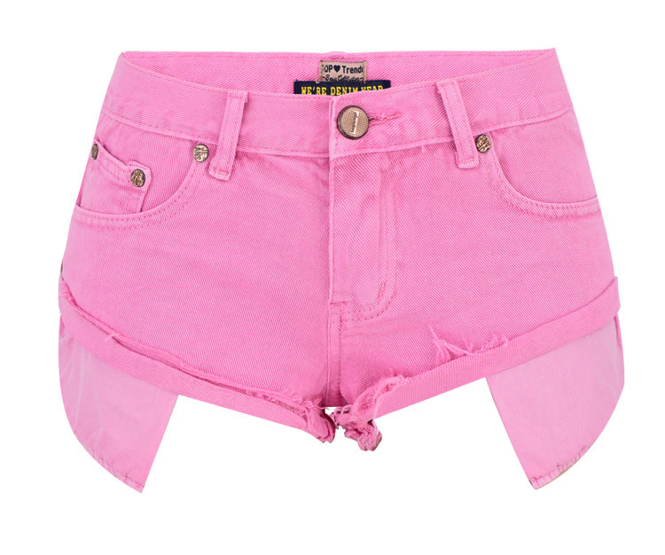 Color-Pink-Women Clothing Low Waist Denim Shorts Decadent Loose Non-Elastic Curling Exposure Pocket Beach Pants Macaron Pink-Fancey Boutique