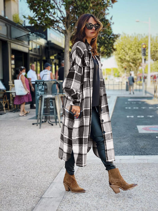 Color-Autumn Winter Long Windbreaker Side Slit Collared Slim Fit Women Woolen Plaid Coat-Fancey Boutique