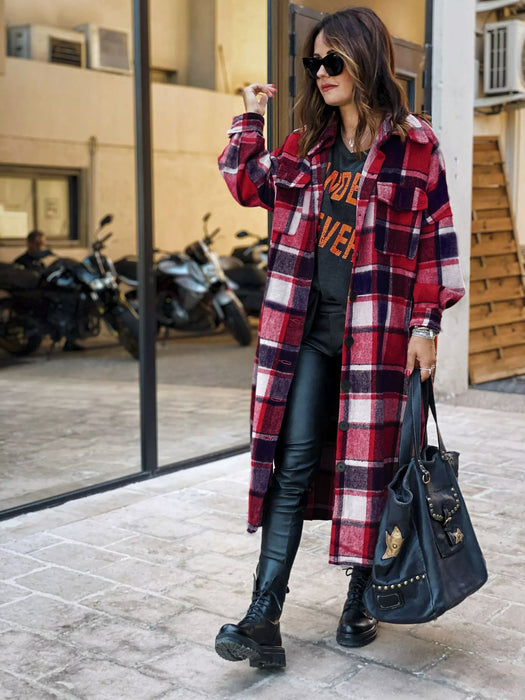 Color-Autumn Winter Long Windbreaker Side Slit Collared Slim Fit Women Woolen Plaid Coat-Fancey Boutique