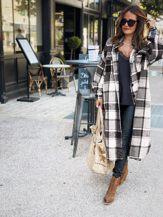 Color-Autumn Winter Long Windbreaker Side Slit Collared Slim Fit Women Woolen Plaid Coat-Fancey Boutique