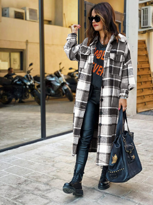 Color-Autumn Winter Long Windbreaker Side Slit Collared Slim Fit Women Woolen Plaid Coat-Fancey Boutique