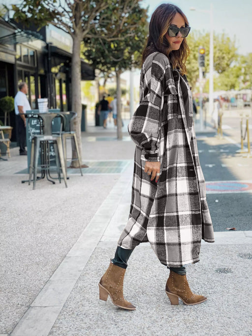 Color-Black White-Autumn Winter Long Windbreaker Side Slit Collared Slim Fit Women Woolen Plaid Coat-Fancey Boutique