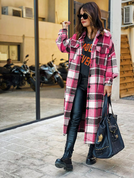 Color-Coral Red-Autumn Winter Long Windbreaker Side Slit Collared Slim Fit Women Woolen Plaid Coat-Fancey Boutique