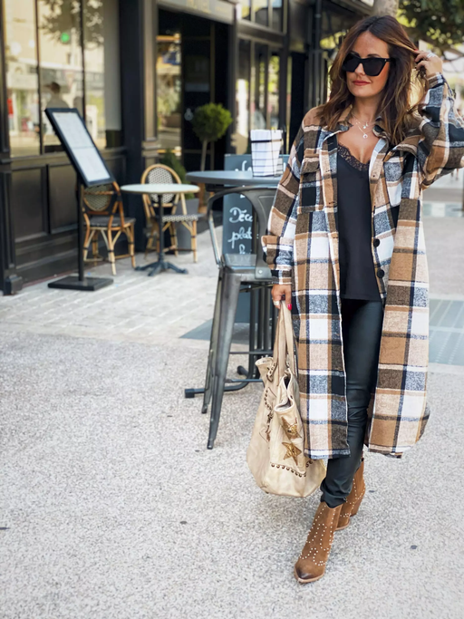 Color-Brown-Autumn Winter Long Windbreaker Side Slit Collared Slim Fit Women Woolen Plaid Coat-Fancey Boutique