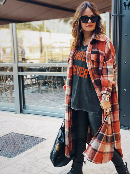 Color-Orange-Red-Autumn Winter Long Windbreaker Side Slit Collared Slim Fit Women Woolen Plaid Coat-Fancey Boutique