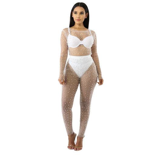 Color-White-Summer Mesh Sexy See Through Bubble Beads Two Piece Set Excluding Underwear-Fancey Boutique