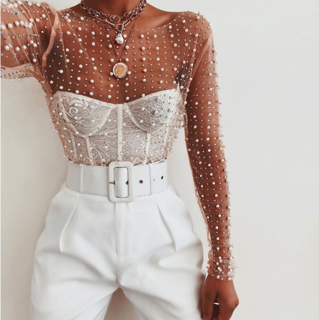 Color-Nude-Popular Super Fairy Sexy See-through Lace Shirt Bright Diamond Beads Inner Wear Outer Wear Mesh Long-Sleeved Top for Women-Fancey Boutique