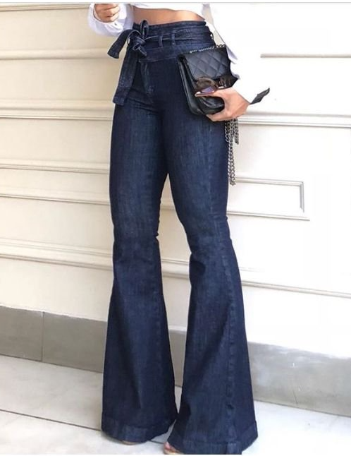 Color-High Waist Micro Elastic Lace-up Bell-Bottom Pants Wide Leg Pants Jeans-Fancey Boutique