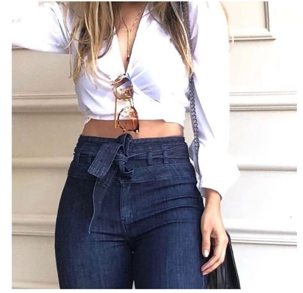 Color-High Waist Micro Elastic Lace-up Bell-Bottom Pants Wide Leg Pants Jeans-Fancey Boutique