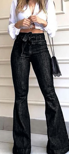 Color-Black-High Waist Micro Elastic Lace-up Bell-Bottom Pants Wide Leg Pants Jeans-Fancey Boutique