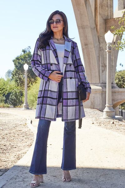 Color-S-Double Take Full Size Plaid Button Up Lapel Collar Coat-Fancey Boutique