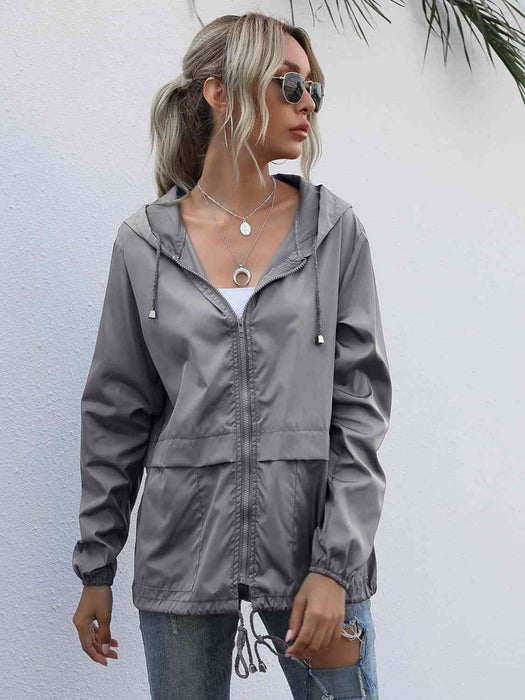 Color-S-Drawstring Zip-Up Hooded Jacket-Fancey Boutique