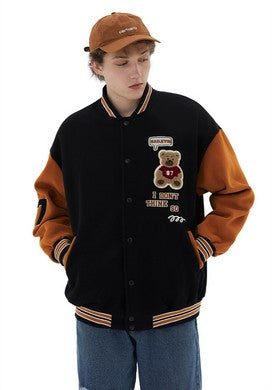 Color-Brushed Jacket Casual Bear Letter Graphic Japanese College Jacket Coat for Men Women Couple Tops Varsity Jacket-Fancey Boutique