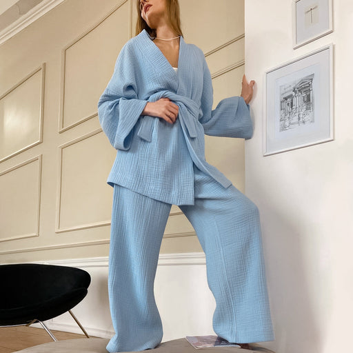 Color-Fall French Loose Nightgown Trousers Double Layer Gauze Women Pajamas Solid Color Cotton Absorbent Moisture Wicking Clothing-Fancey Boutique