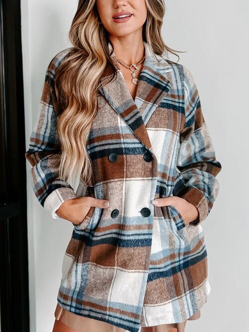 Color-Plaid Double-Breasted Long Sleeve Coat-Fancey Boutique