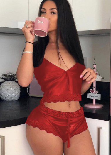 Color-Red-Sexy Lingerie Sexy Suit High Elastic Satin Home Pajamas Sexy 2-Piece Set-Fancey Boutique