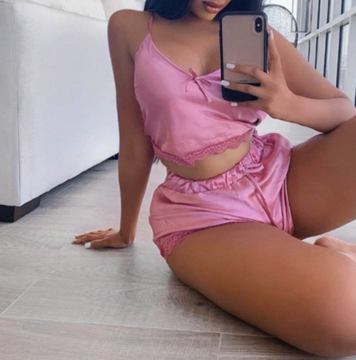 Color-Pink-Sexy Lingerie Sexy Suit High Elastic Satin Home Pajamas Sexy 2-Piece Set-Fancey Boutique