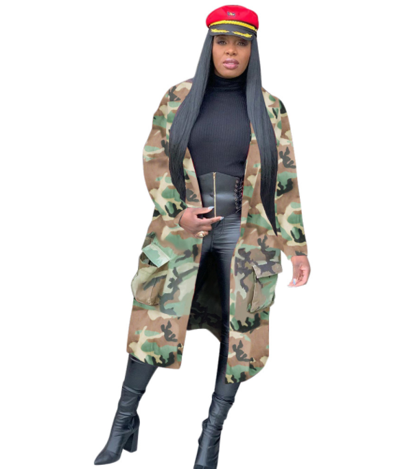 Color-Green Camouflage-Autumn Winter Women Clothing Camouflage Printed Mid-Length Trench Coat-Fancey Boutique