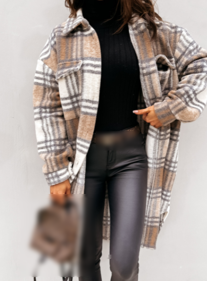 Color-Winter Women Clothing Plaid Brushed Woolen Long Blouse-Fancey Boutique