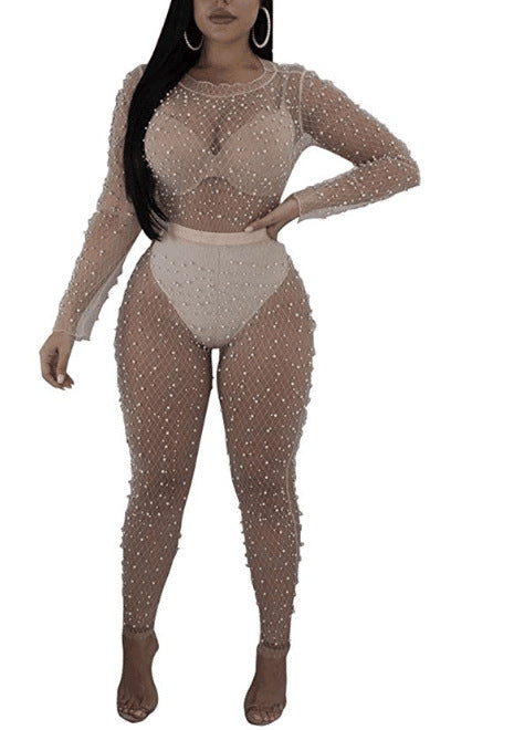 Color-Apricot-Summer Mesh Sexy See Through Bubble Beads Two Piece Set Excluding Underwear-Fancey Boutique
