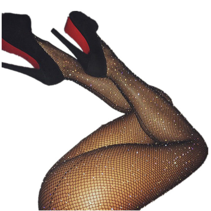 Color-New Rear Vertical Line Sexy Rhinestone Mesh Stockings Diamond Mesh Fishnet Pantyhose Black Small Mesh Stockings-Fancey Boutique