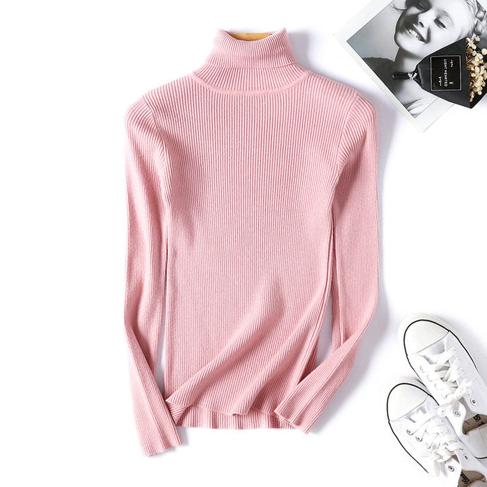 Color-Pink-Women Turtleneck Sweater Women Long Sleeve Slim Fit Slimming Solid Color Korean Fresh Knitted Women Bottoming Shirt-Fancey Boutique