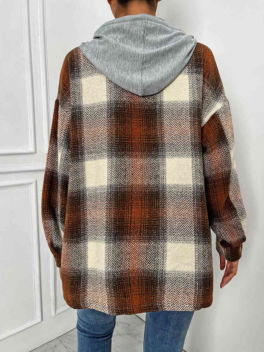 Color-Plaid Drawstring Hooded Jacket-Fancey Boutique