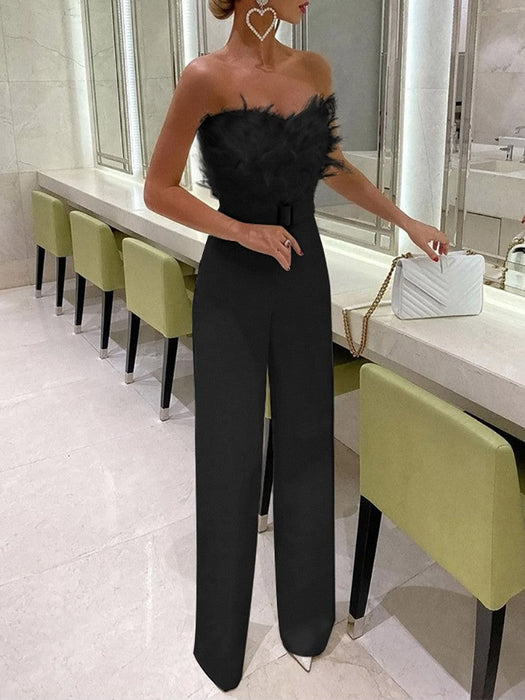 Color-Black-Spring Summer Feather Tube Top Sexy Jumpsuit-Fancey Boutique