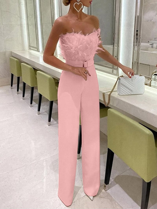 Color-Pink-Spring Summer Feather Tube Top Sexy Jumpsuit-Fancey Boutique