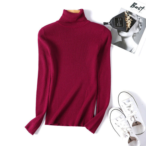 Color-Burgundy-Women Turtleneck Sweater Women Long Sleeve Slim Fit Slimming Solid Color Korean Fresh Knitted Women Bottoming Shirt-Fancey Boutique