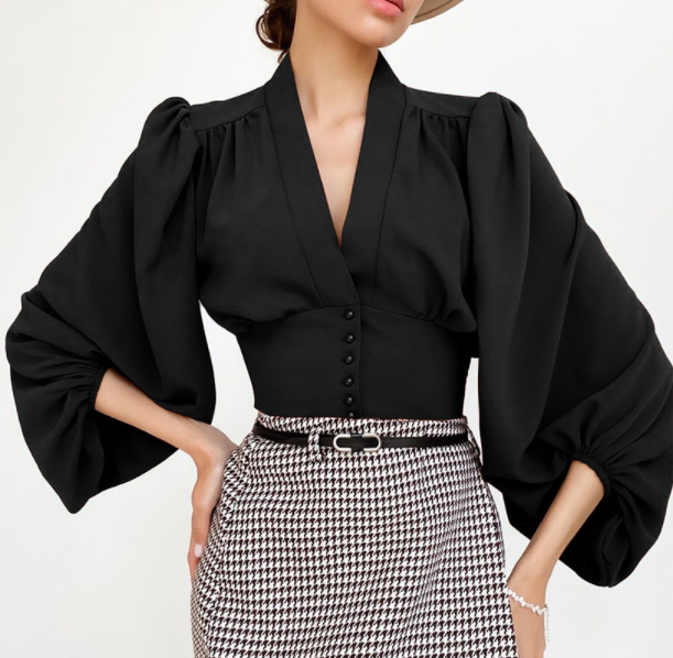 Color-Black-Spring Summer French V neck Women Shirt Court Elegant Lantern Slim fit Long Shirt Puff Sleeve-Fancey Boutique