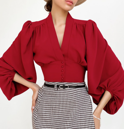 Color-Burgundy-Spring Summer French V neck Women Shirt Court Elegant Lantern Slim fit Long Shirt Puff Sleeve-Fancey Boutique