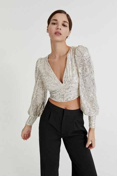 Color-Silver-Women Clothing Party Puff Sleeve Sequined Blouse Long Sleeve Top-Fancey Boutique