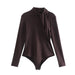 Color-Women Clothing Stand Collar Long Sleeve Pleated Decorative Bodysuit-Fancey Boutique