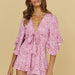 Color-Early Spring New Positioning Printing Deep V Plunge Plunge neck Chest Lace up Fitted Waist Romper-Fancey Boutique